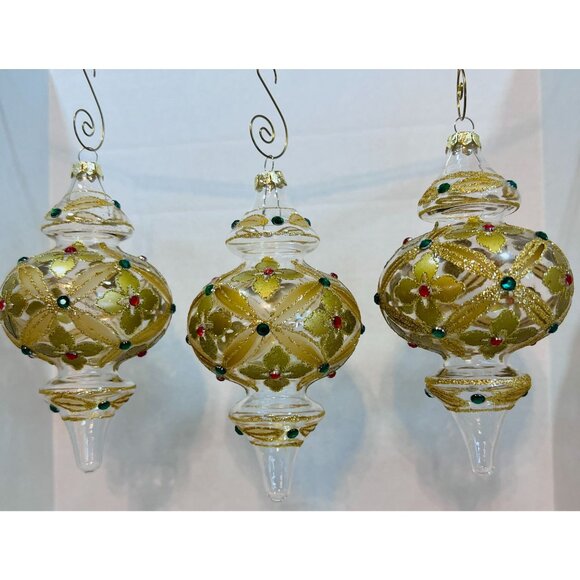 lot of 3 Christmas Ornaments Hand Blown Painted Glass Gold jewels green red 6X3" - Picture 1 of 4